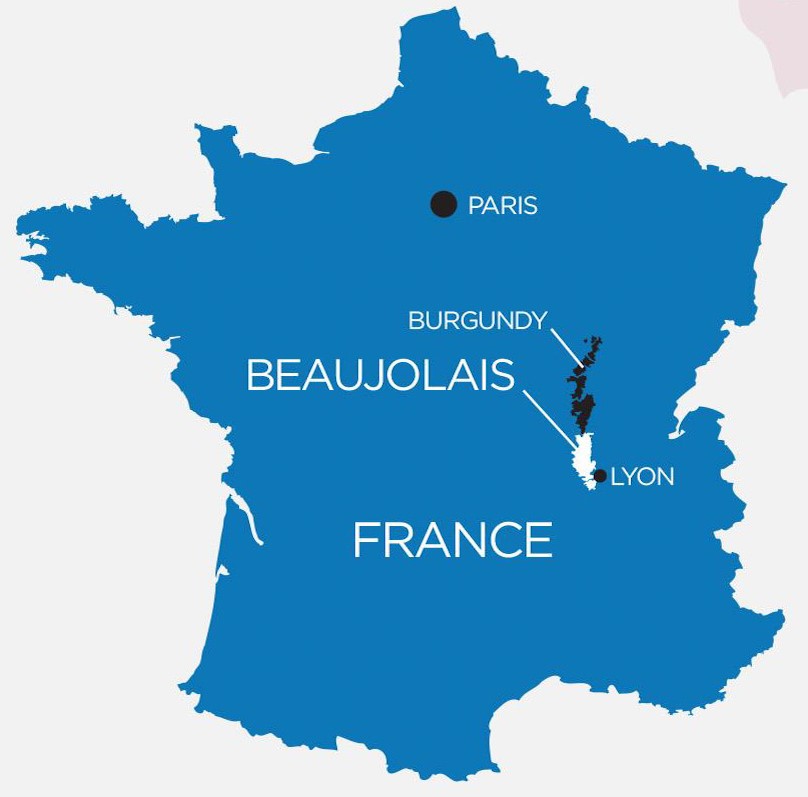 Map showing location of Beaujolais in France