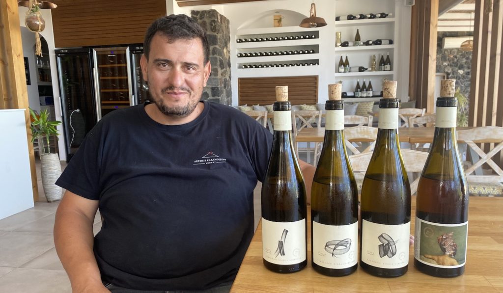 Artemis Karamolegos at his winery with his single vineyard Assyrtiko wines, guide to wines of Santorini